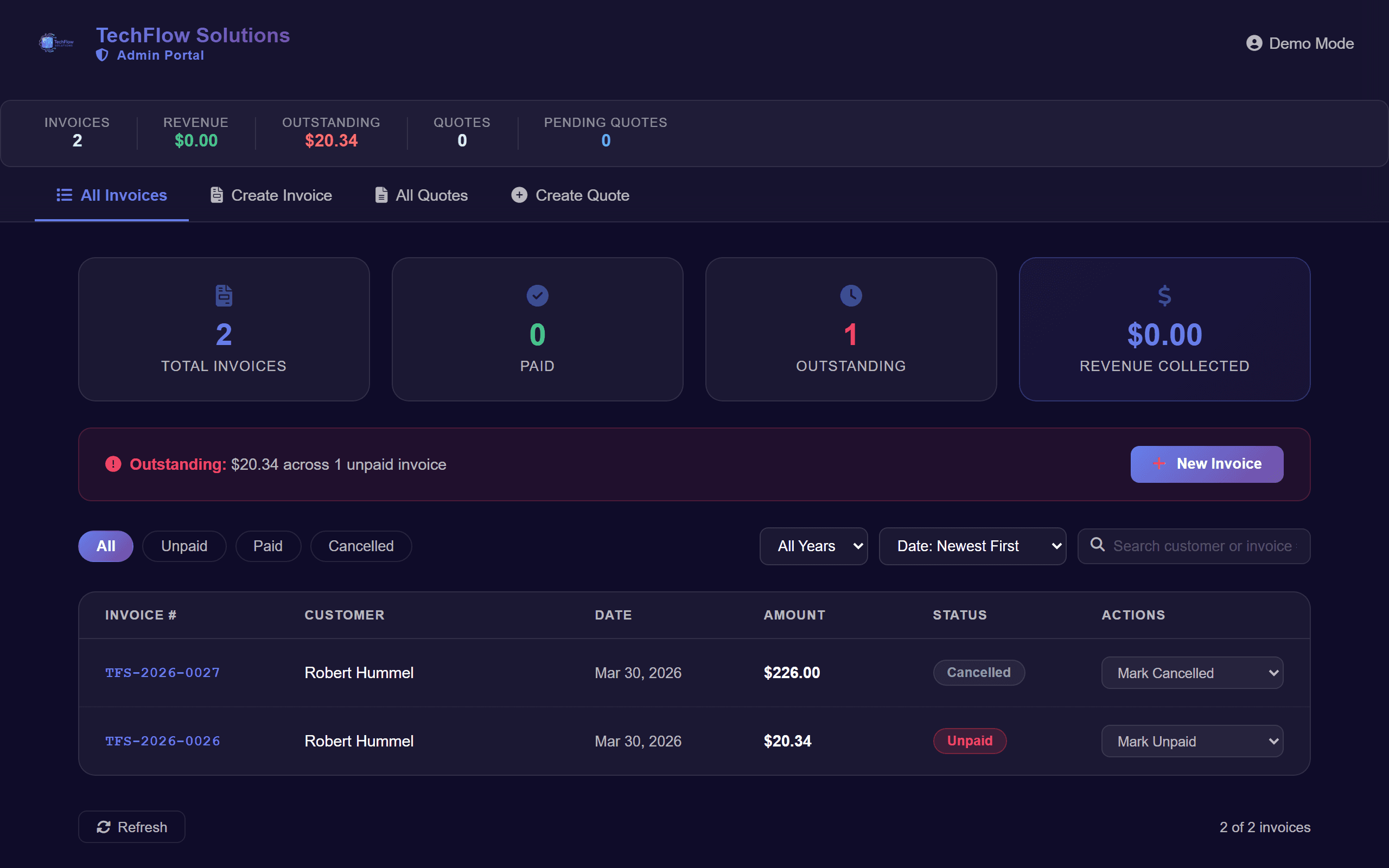 InvoicePro dashboard — invoice list, stats, and revenue tracking built by TechFlow Solutions.